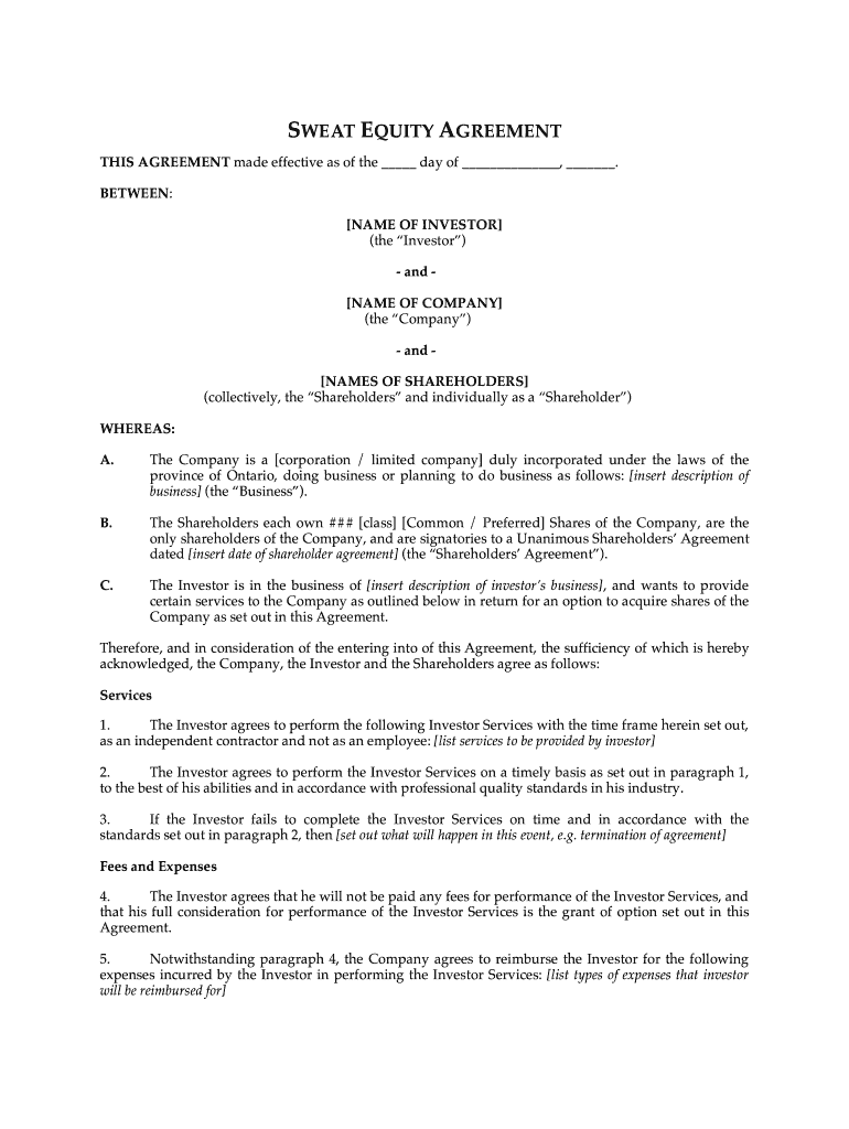 Sweat Equity Agreement  Form