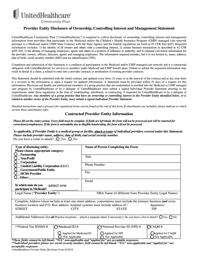  United Healthcare Disclosure of Ownership Control Interest and Management Statement Form 2015-2024