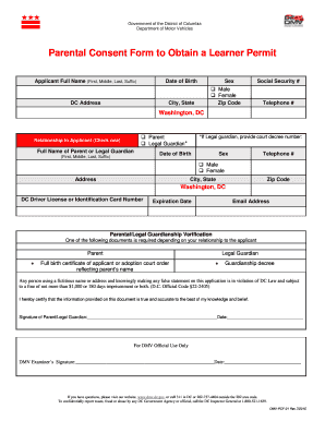  Parental Consent Form Department of Motor Vehicles the District Dmv Dc 2015-2024
