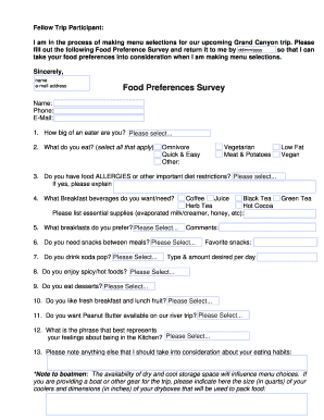 Food Preference Survey  Form