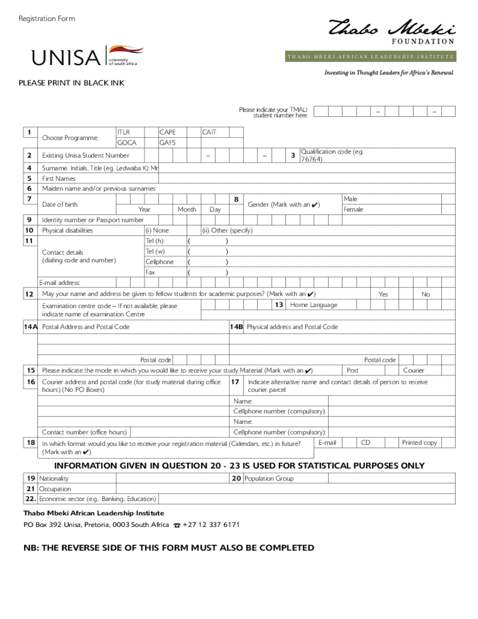 Unisa Registration  Form