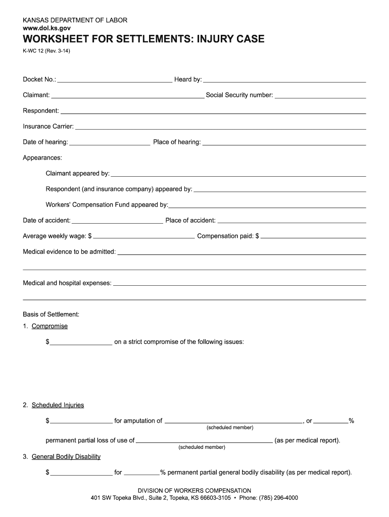  Worksheet for Settlements Injury Case  Department of Labor  Dol Ks 2014-2024