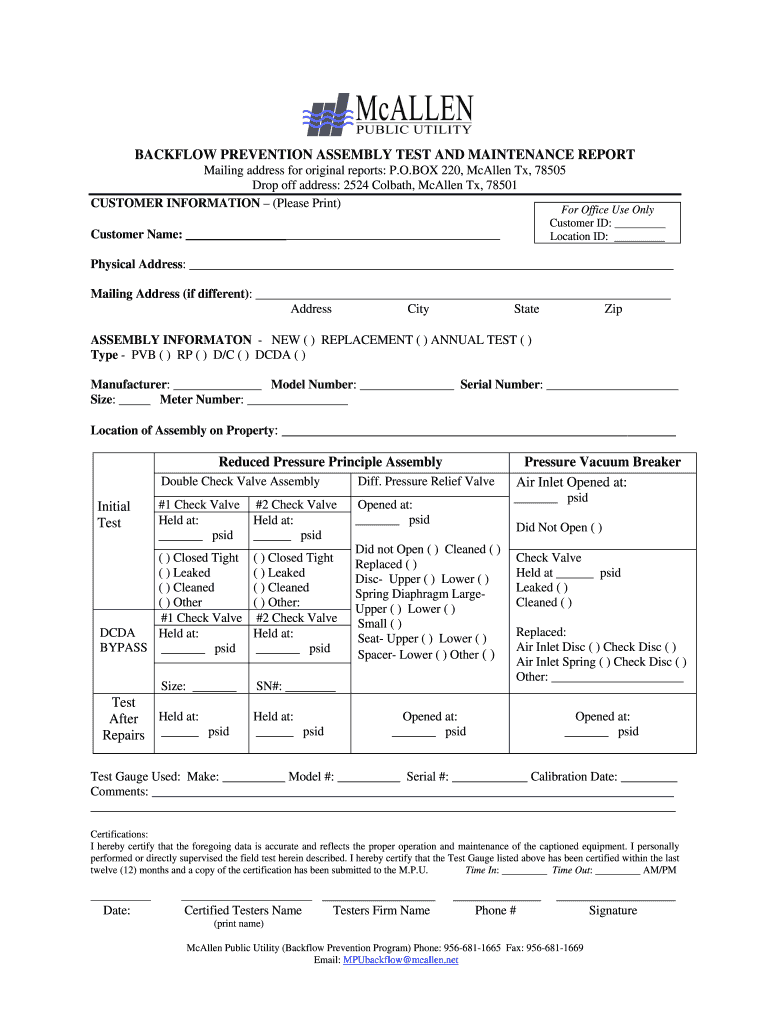 BACKFLOW PREVENTION ASSEMBLY TEST and MAINTENANCE  Form