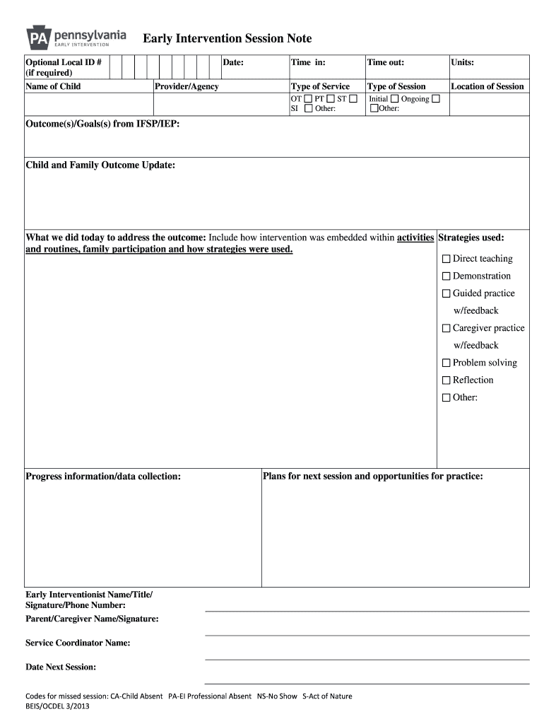 EI Session Note Form Humanservices Co Lancaster Pa