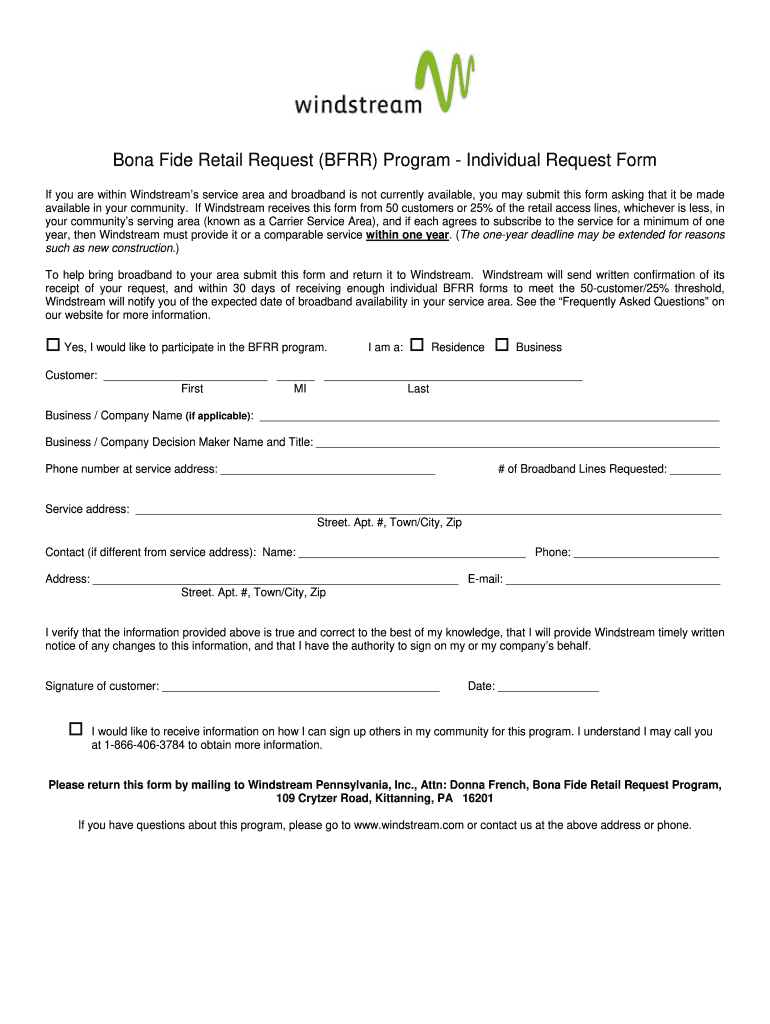 Bona Fide Retail Request BFRR Program Individual Request Form