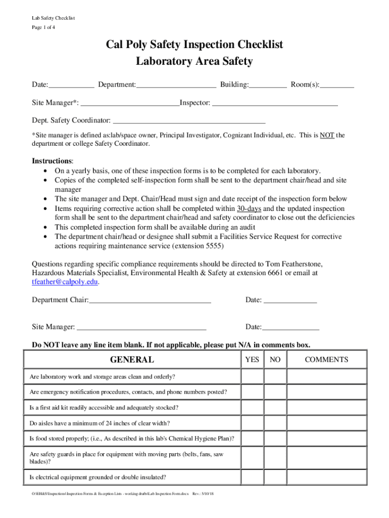 Cal Poly Safety Inspection Checklist Laboratory AFD Cal Poly  Form