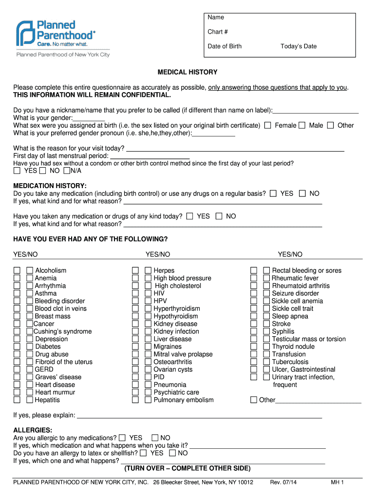  Medical History Form Planned Parenthood Plannedparenthood 2014-2024