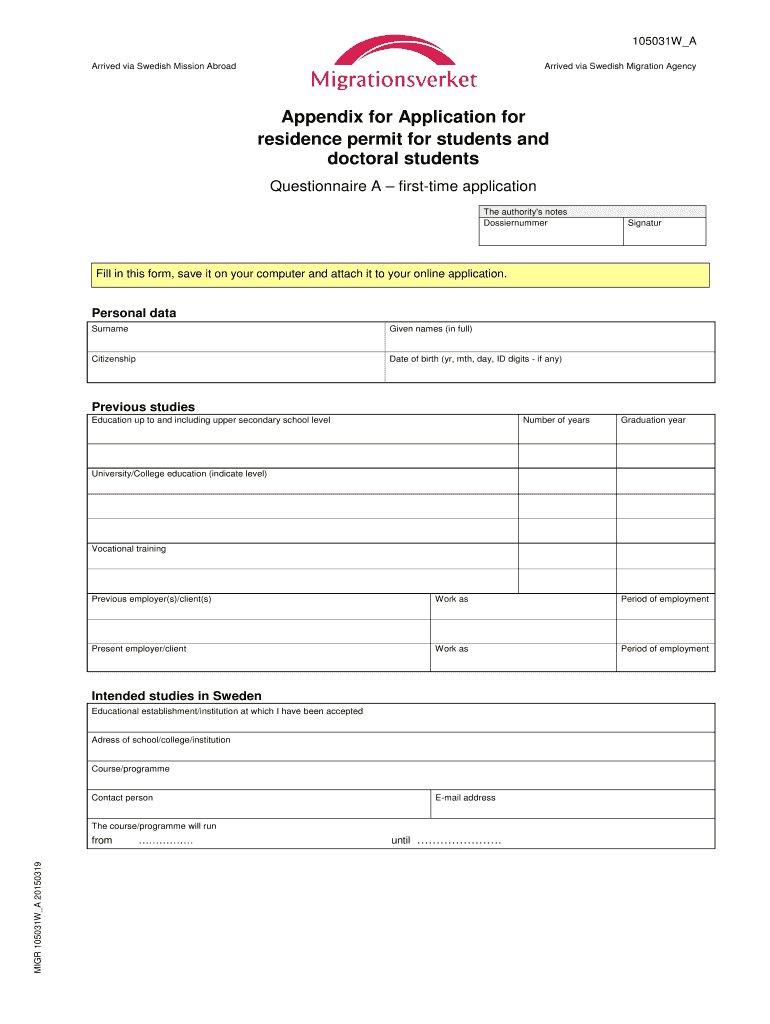  Appendix for Application for Residence Permit for Students and Doctoral Students QA 105031WA  Migrationsverket 2015-2024