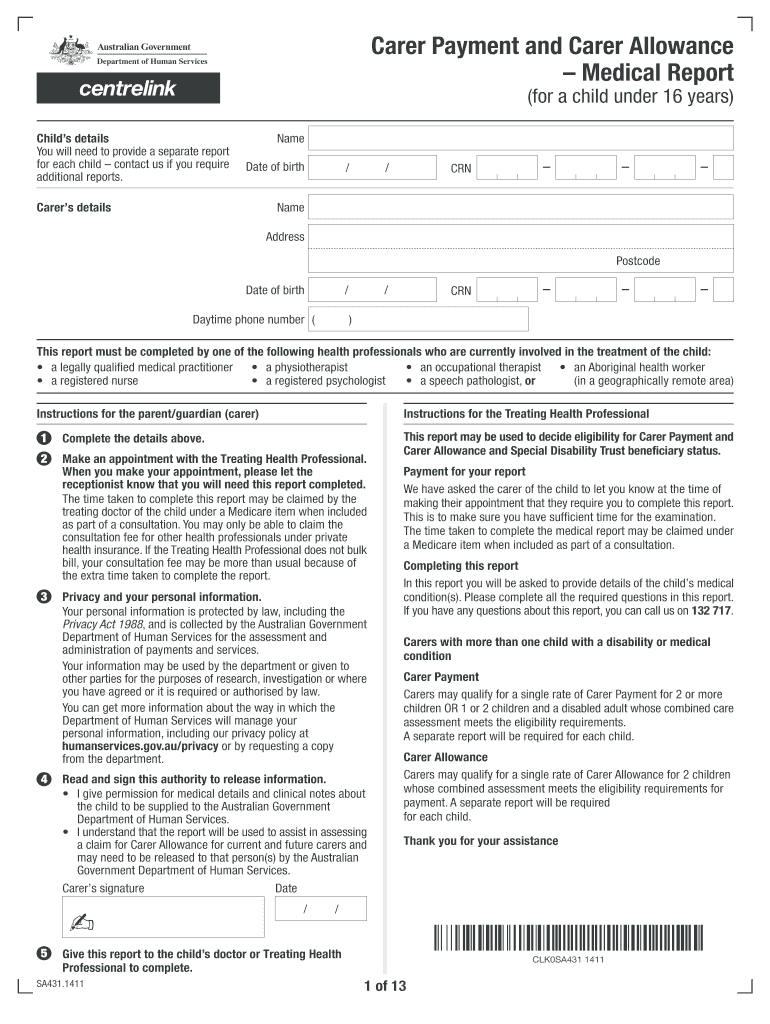 Carer Payment and Carer Allowance Medical Report for a Child under 16 Years  Humanservices Gov 2014