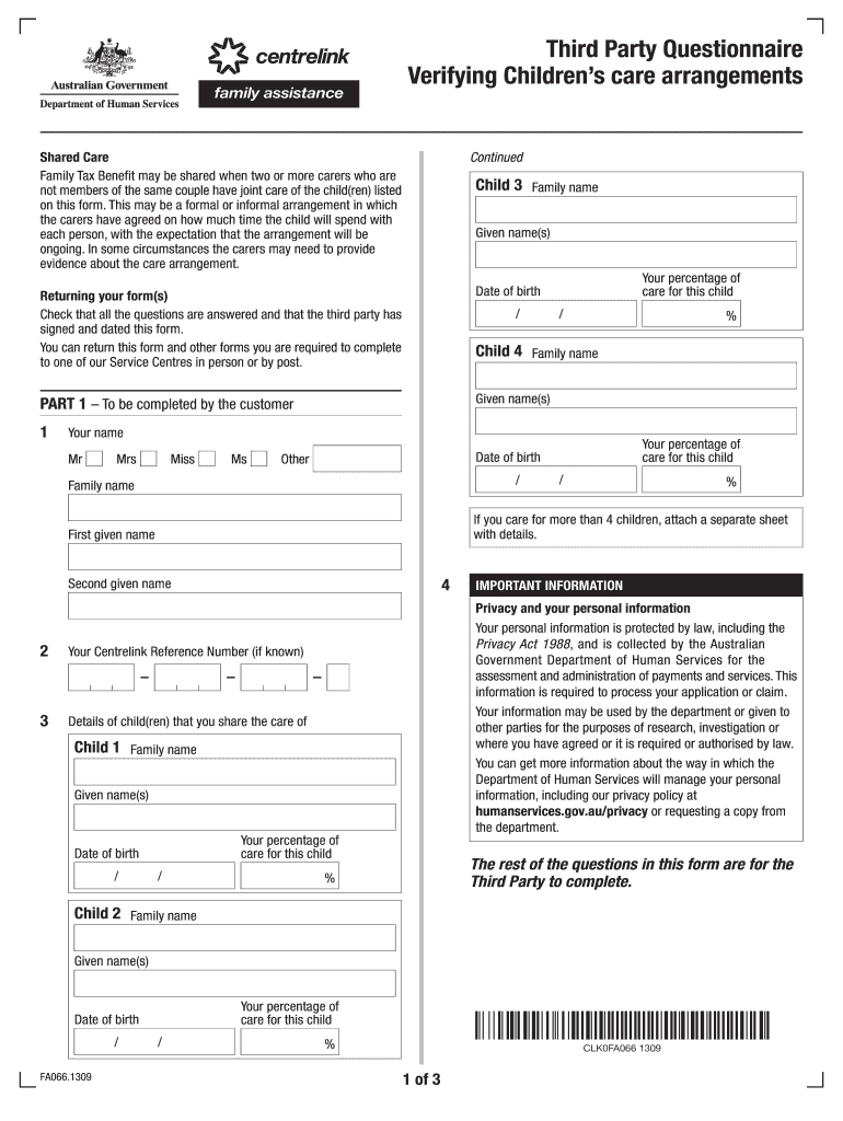 Third Party Questionnaire Verifying Children &#039;s Care Arrangements Humanservices Gov  Form