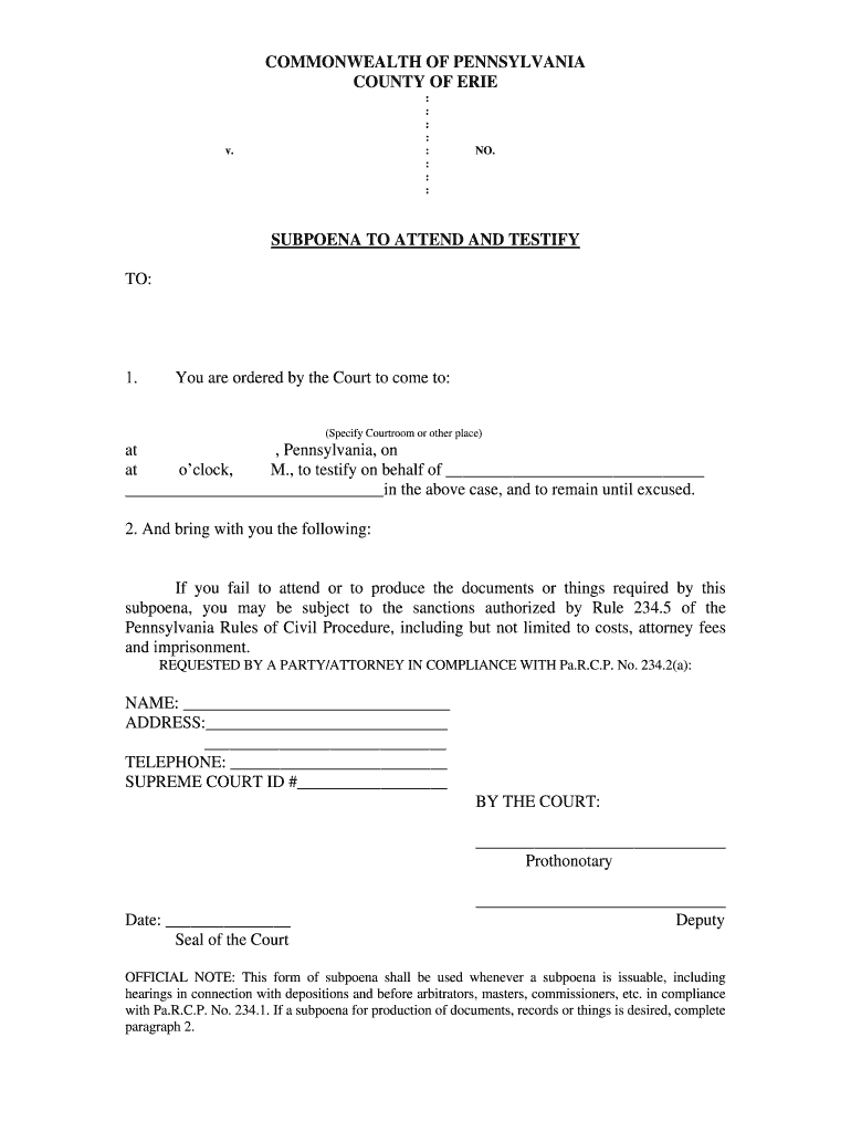 Pennsylvania Subpoena  Form