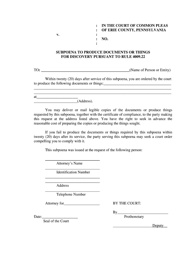 Subpoena to Produce Documents for Discovery  Erie County  Eriecountygov  Form