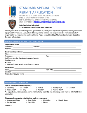 Standard Special Event Permit Application City of Durham Durhamnc  Form