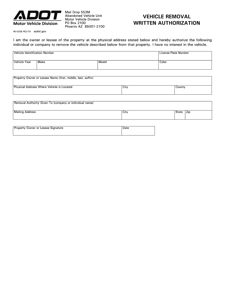 Vehicle Removal Written Authorization  Form