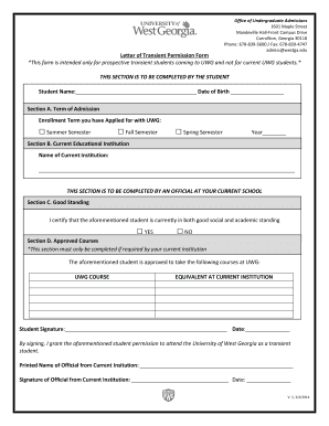 Get and Sign Letter of Transient Permission Form the University of West Georgia Westga 2014-2022