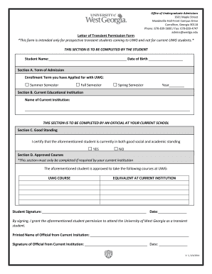  Letter of Transient Permission Form the University of West Georgia Westga 2014-2024