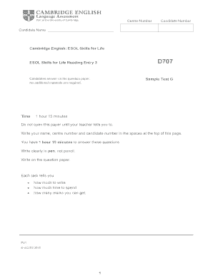 Cambridge English ESOL Skills for Life Reading Entry 3 Sample Test G Prd Cambridgeesol Form