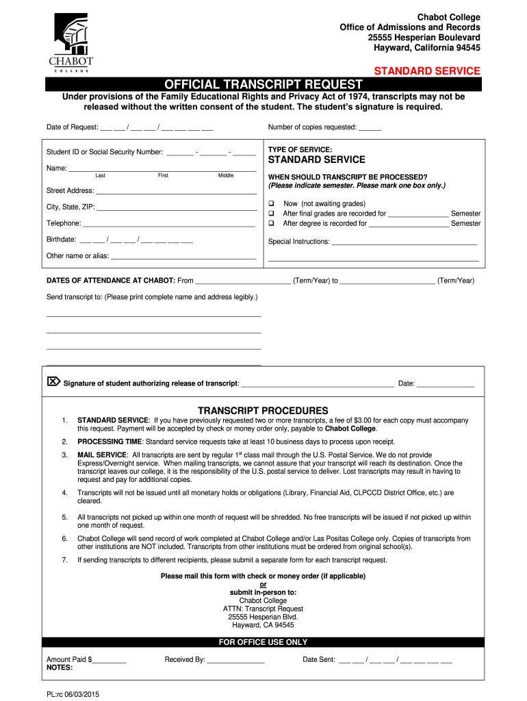  OFFICIAL TRANSCRIPT REQUEST  Chabot College  Chabotcollege 2015