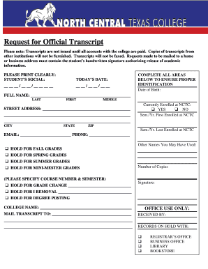 North Central Texas College Transcript Request  Form