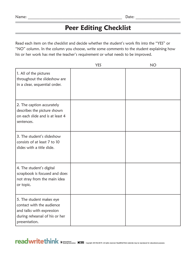 Readwritethink Editing Checklist  Form