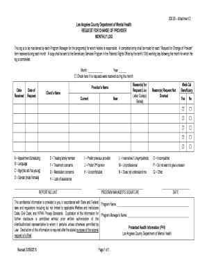 Request for Change of Provider Monthly Log LA County Bb Lacdmh Lacounty  Form