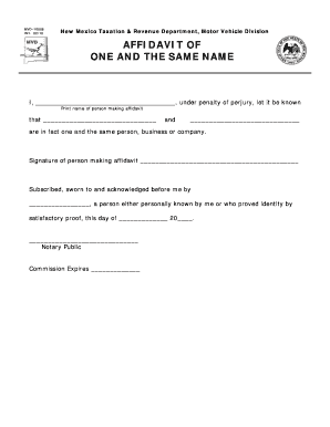 AFFIDAVIT of ONE and the SAME NAME State of New Mexico  Form