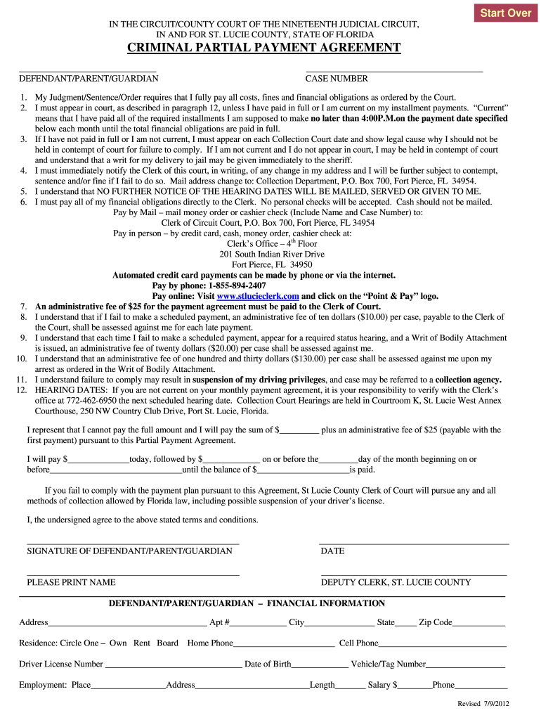 Get and Sign Criminal Partial Payment Agreement PDF  Joseph E Smith, St Lucie  Form