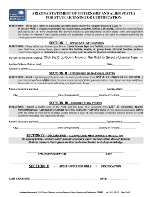 ARIZONA STATEMENT of CITIZENSHIP and ALIEN STATUS for Azdhs  Form
