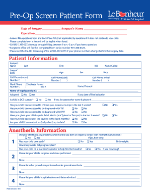 Pre Op Screening Patient Form PDF Le Bonheur Children &#039;s Hospital Lebonheur
