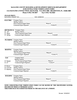  Manatee County Subcontractor Form 2012