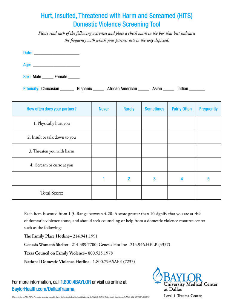 Hits Screening Tool Printable  Form