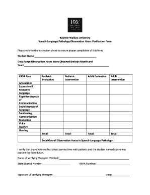 Speech Language Pathology Observation Hours Verification Form Bw