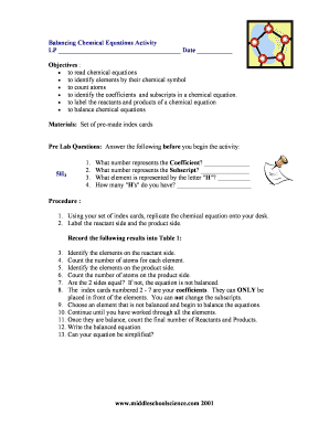 Balancing Equations Note Card Activity Answer Key  Form