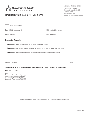  Immunization EXEMPTION Form Governors State University Govst 2018