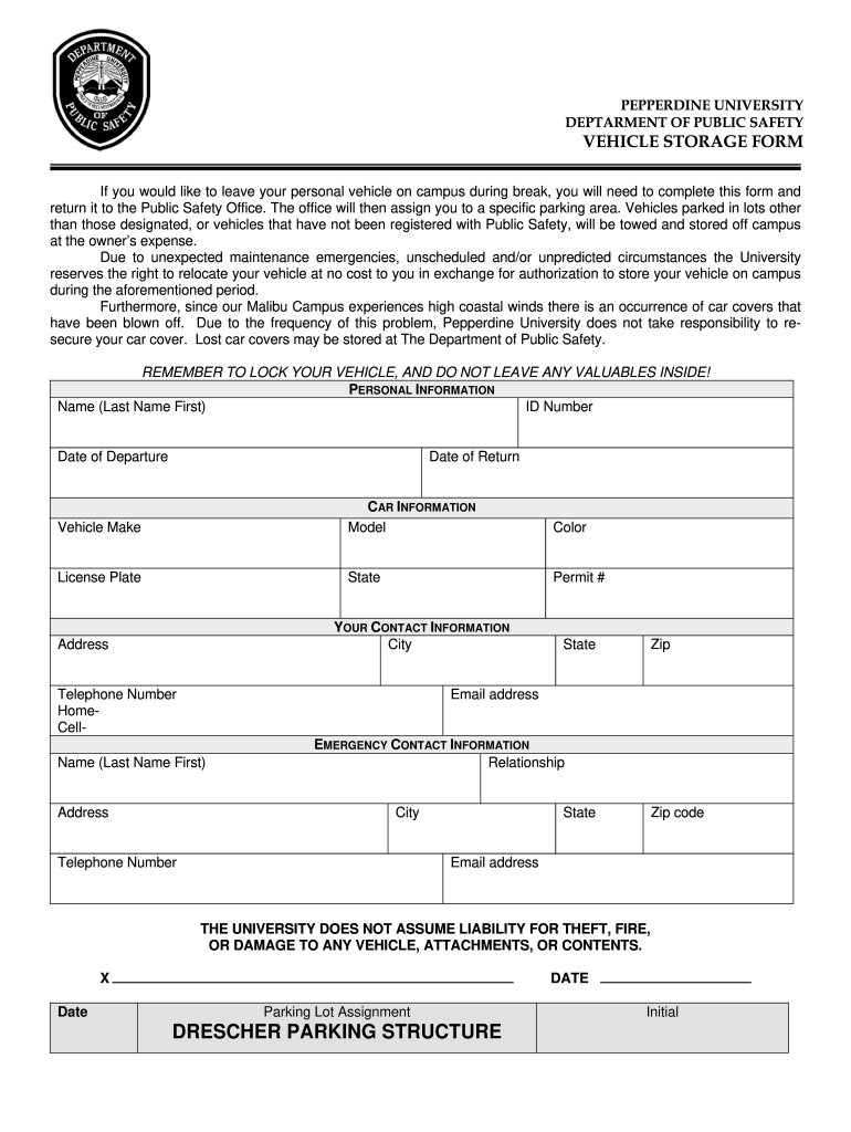 Vehicle Storage Form Pepperdine University