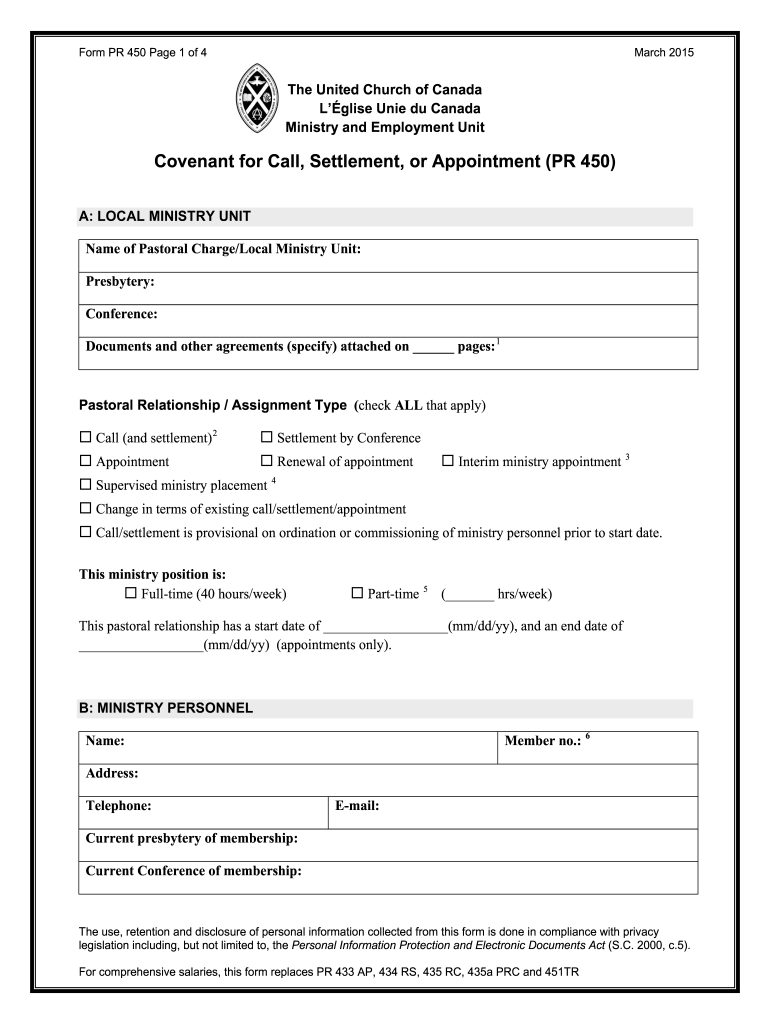  Covenant for Call Settlement or Appointment PR 450 for Comprehensive Salaries This Form Replaces PR 433 AP 434 RS 435 RC 435a PR 2015