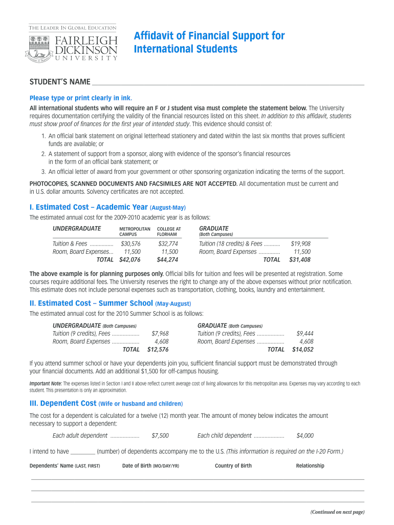 Affidavit of Financial Support PDF Fairleigh Dickinson University  Form