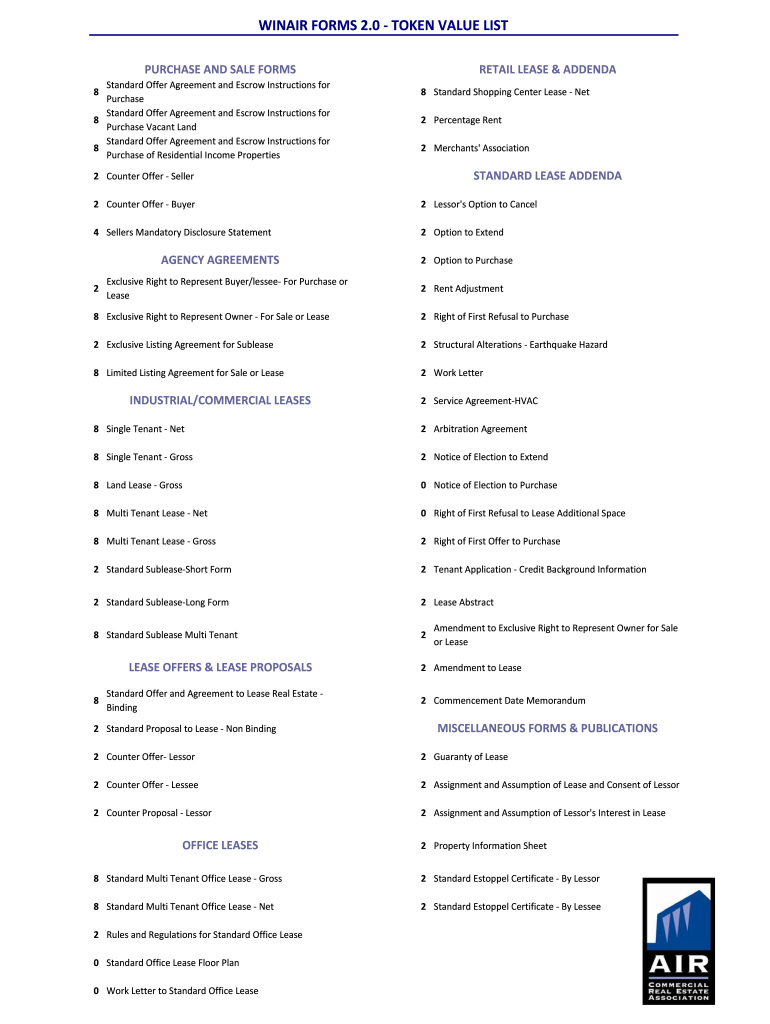 WinAIR Forms Token Value List  AIR Commercial Real Estate