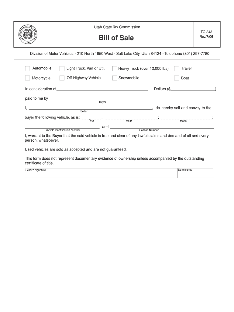 TC 843 Utah Bill of Sale  Form