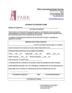 Park University Affidavit of Support  Form