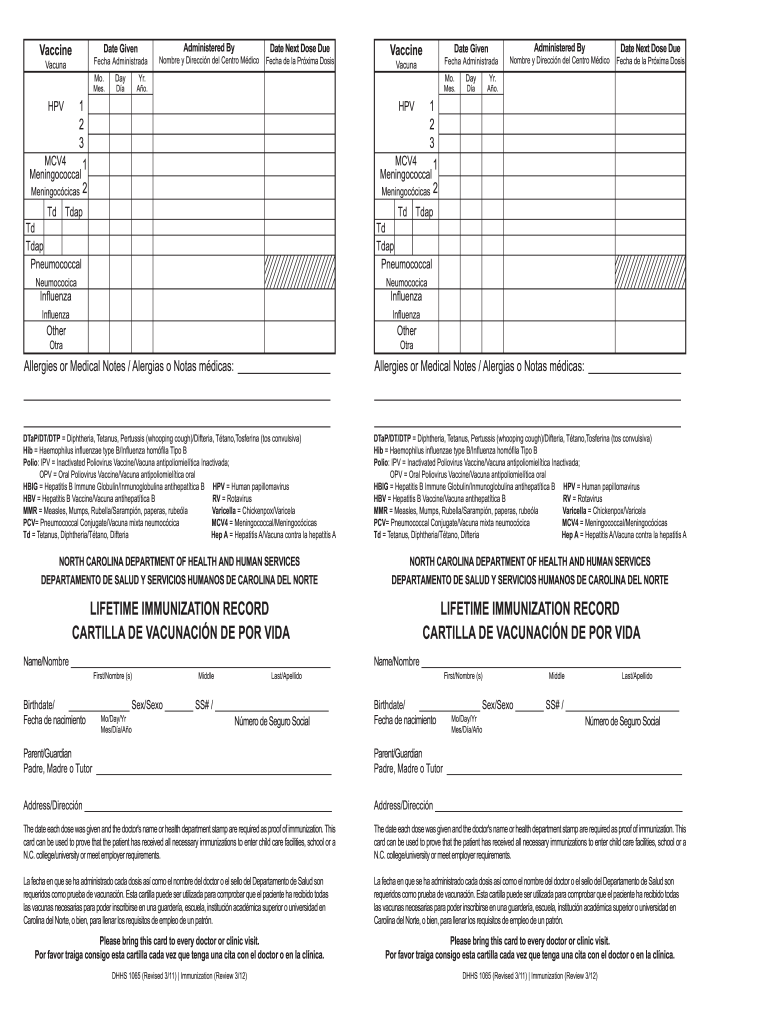  NC DHHS DHHS 1065 Lifetime Immunization Record Immunize Nc 2011