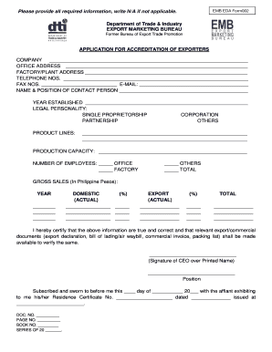 Application for Accreditation of Exporters Export Marketing Bureau Emb Dti Gov  Form