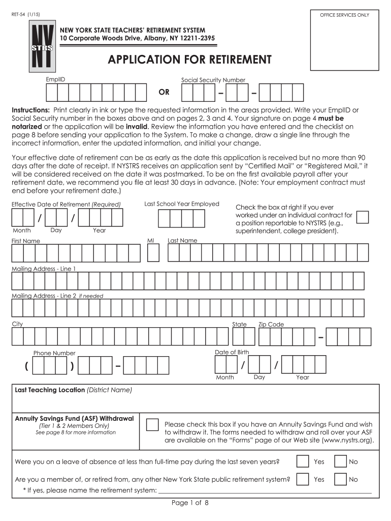  Application for Retirement RET 54  New York State Teachers  Nystrs 2015-2024