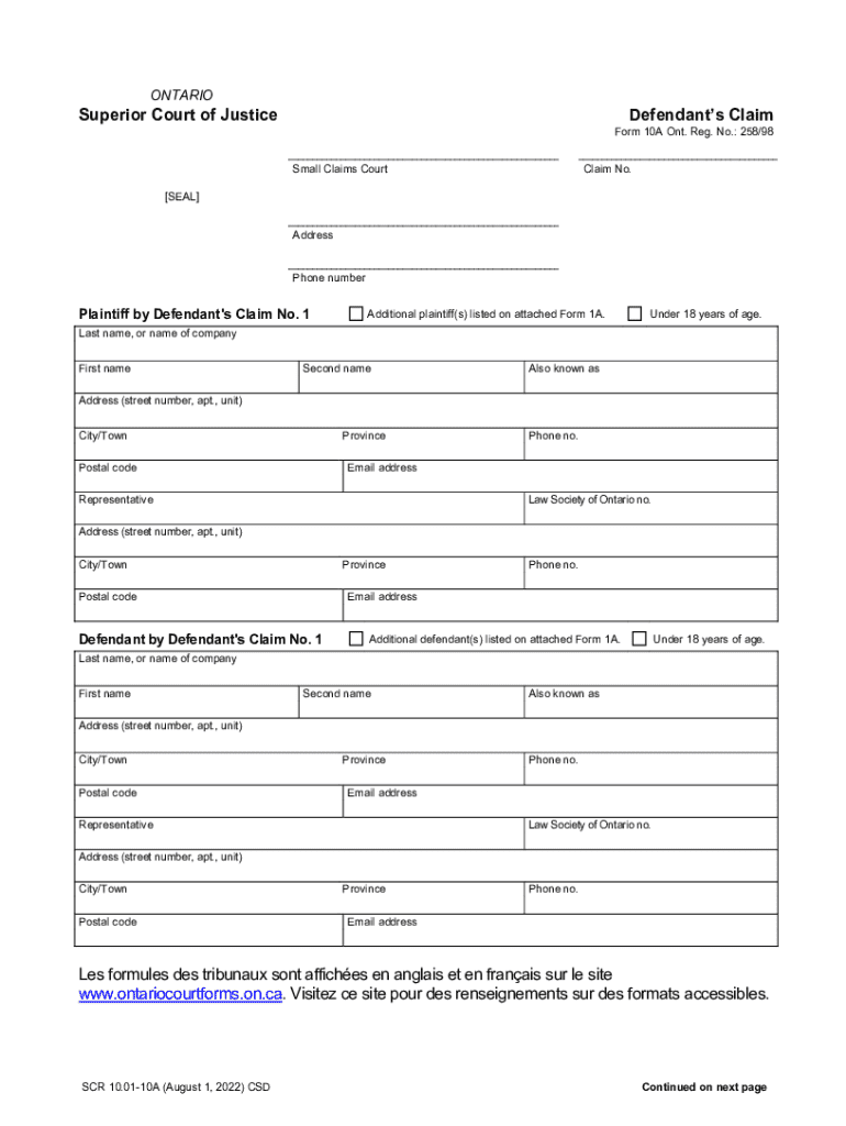 Ontario Small Claims Court Defendant's Claim Form 10A