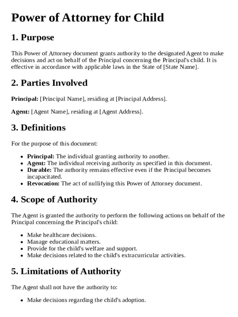 Power of Attorney for Child Template  Form