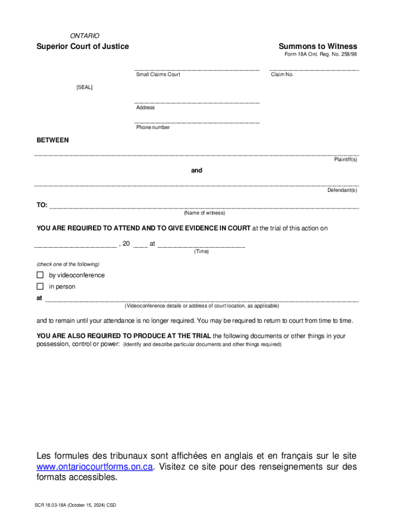 Ontario Superior Court Summons to Witness  Form