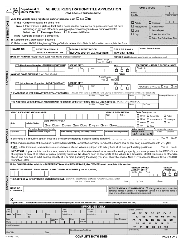MV 82 VEHICLE REGISTRATIONTITLE APPLICATION PDF  Form