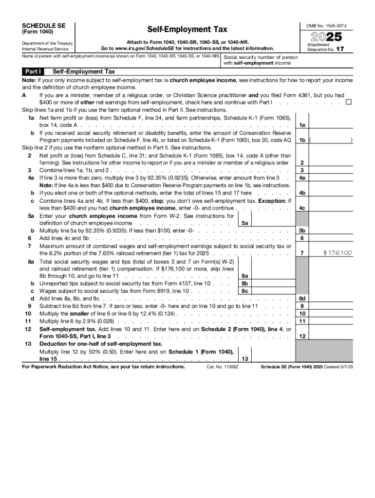  Schedule SE Form 1040 Self Employment Tax 2025