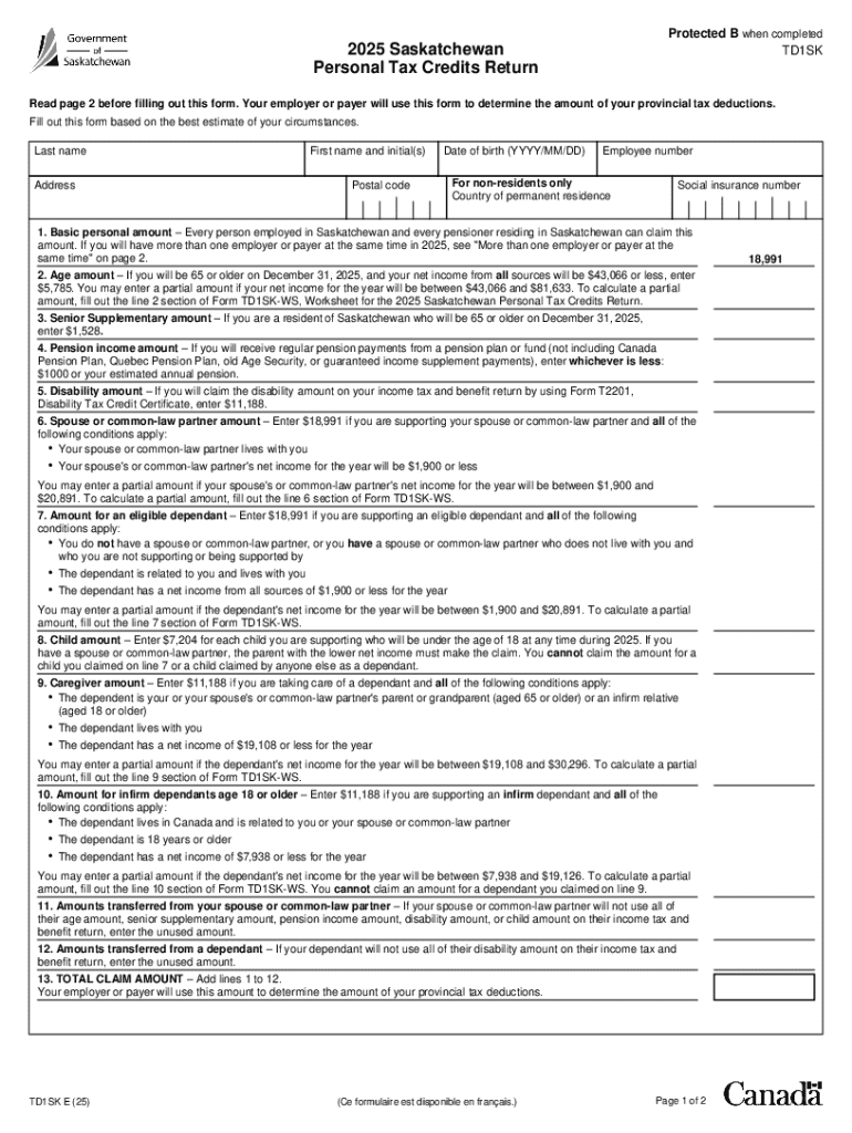 Saskatchewan TD1SK Personal Tax Credits Return  Form