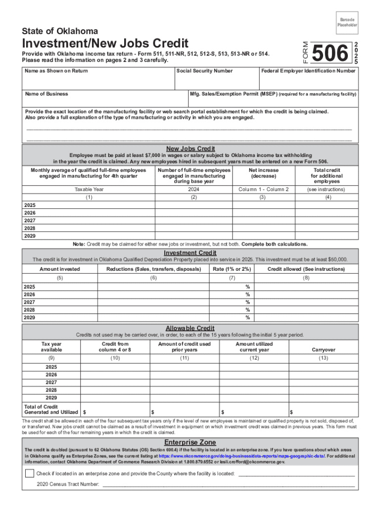  Oklahoma InvestmentNew Jobs Credit Form 506 2025-2026